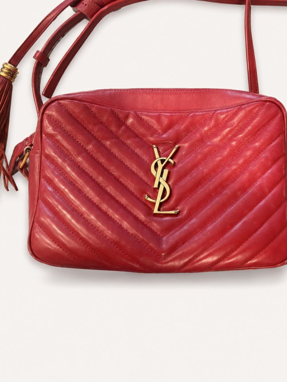 Saint Laurent YSL Lou Camera Bag Red Chevron Leather Gold Tassel Crossbody